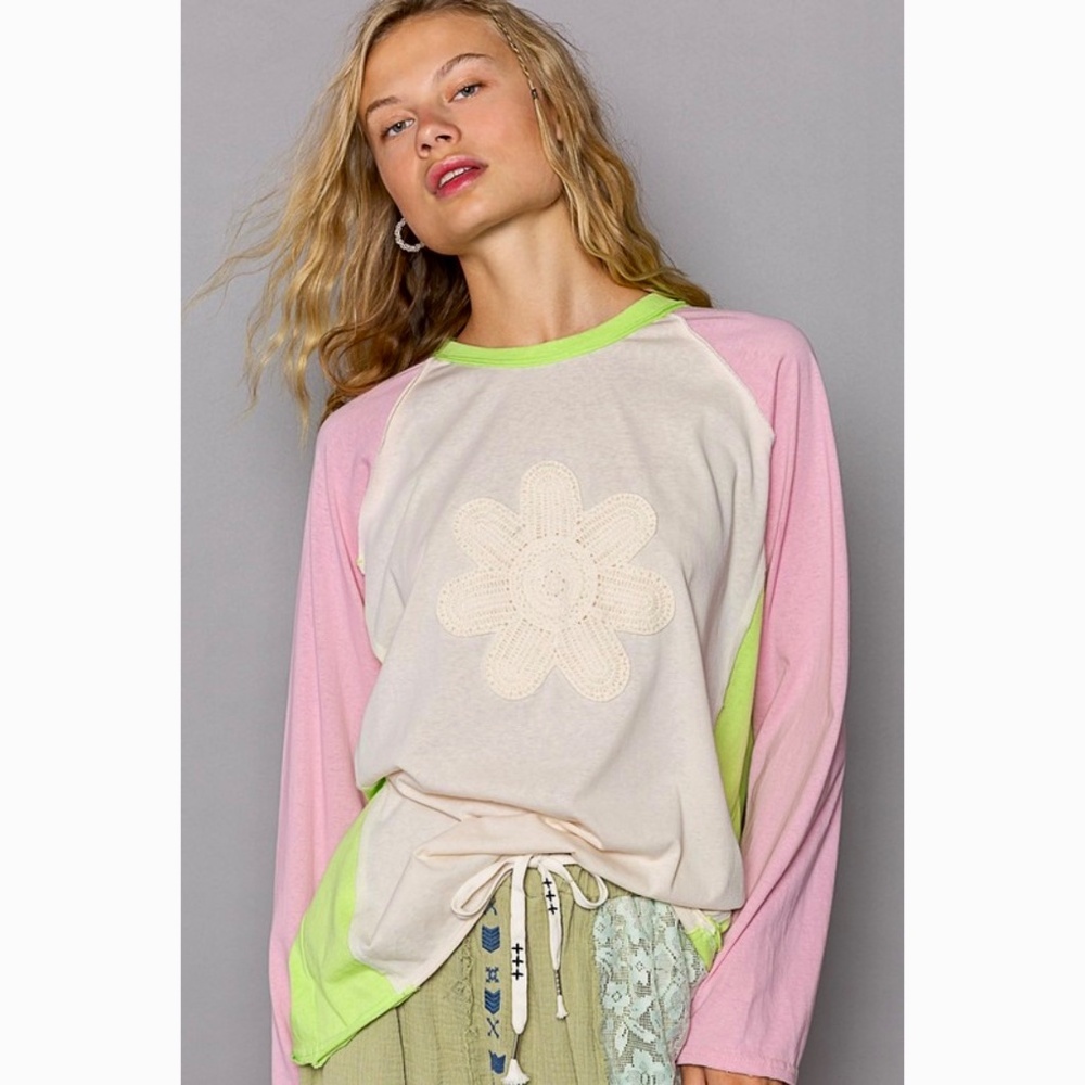 POL Pink & Lime Flower Patch Long Sleeve Cotton Jersey Top - Picture 13 of 13